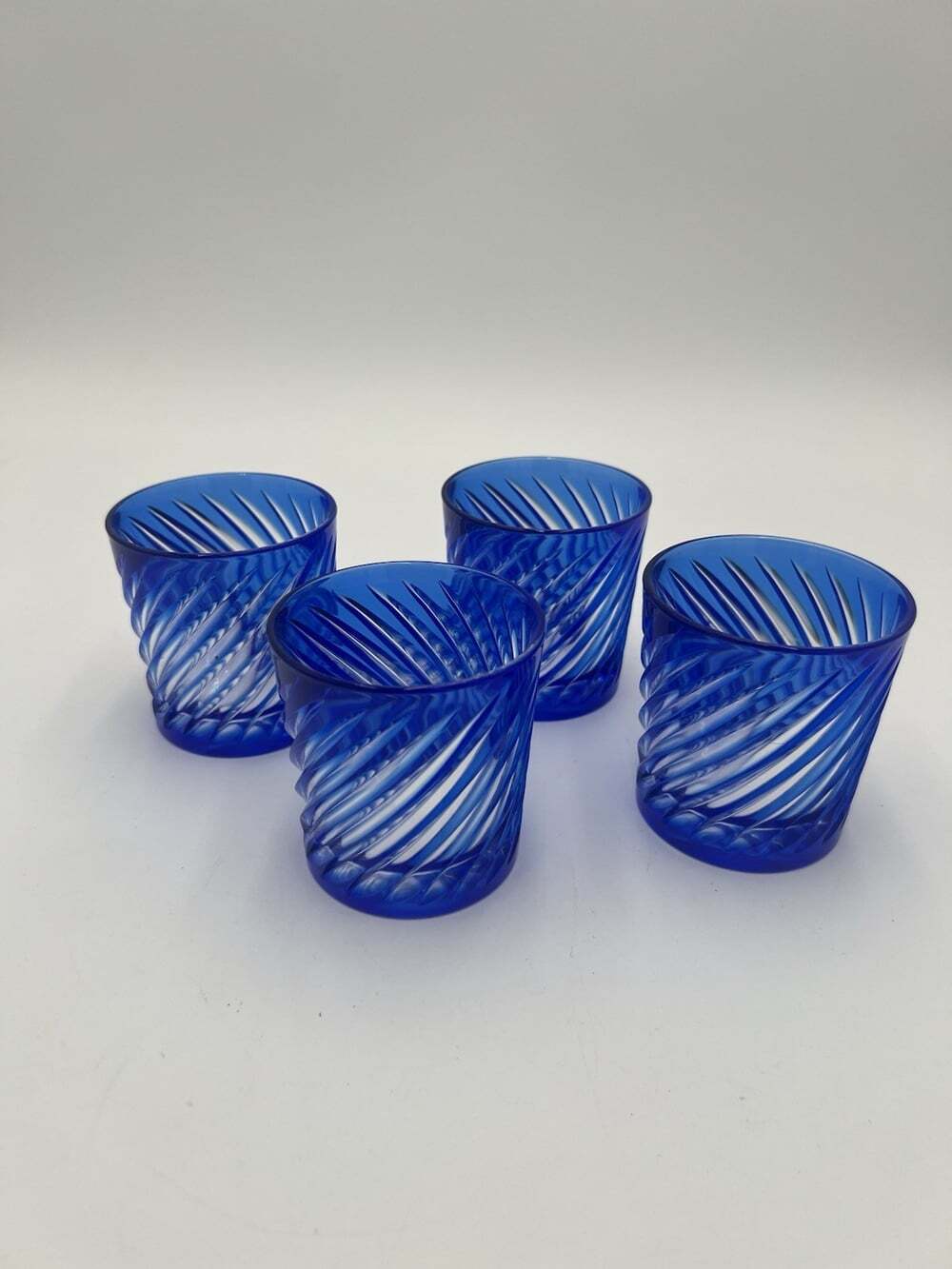 Vintage Cobalt Blue Cut to Clear Double Old Fashioned Glasses Swirl Set of 4